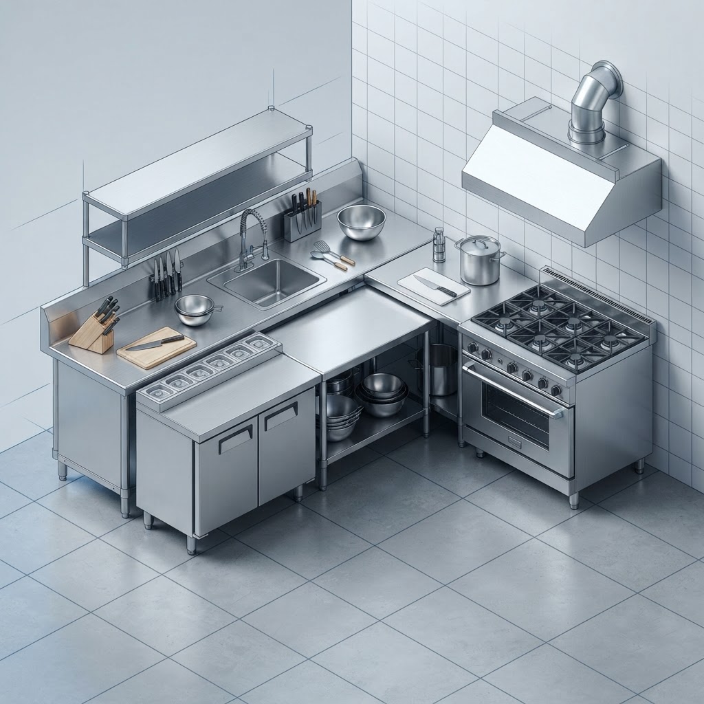 3D isometric model of a kitchen workstation